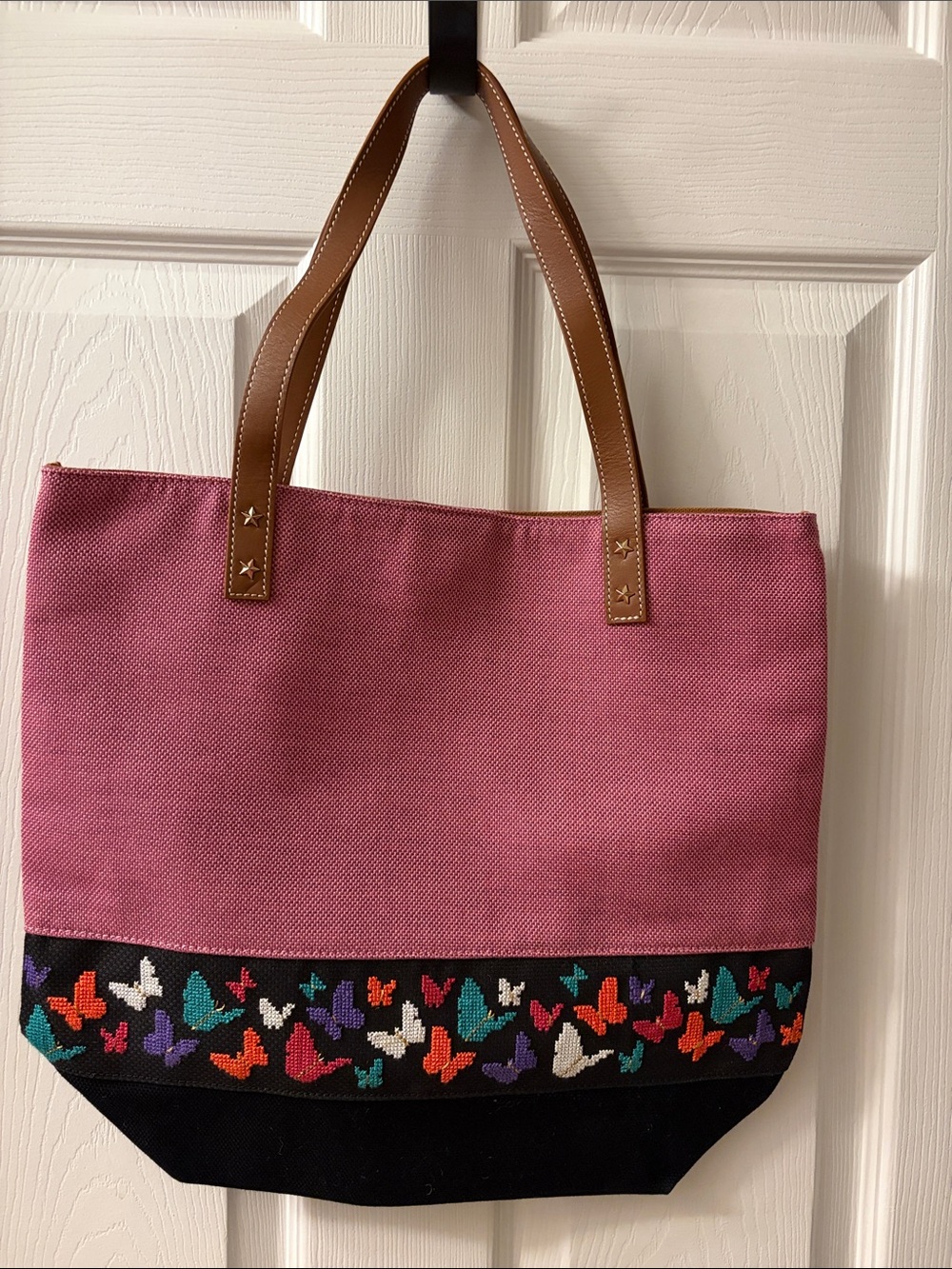 Pink Canvas Tote Bag with Multicolor Butterfly Trim